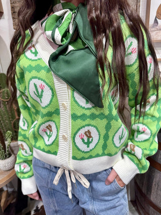 Retro Cactus Print Cropped Cardigan Sweater | Western V-Neck Button-Up Knit - Barbwire n Bougie Boutique
