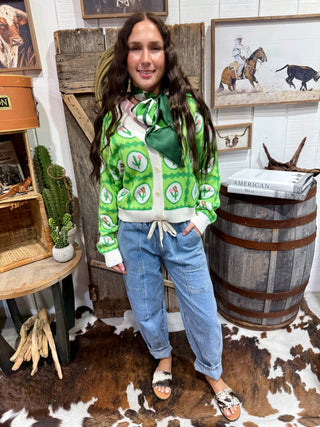 Retro Cactus Print Cropped Cardigan Sweater | Western V-Neck Button-Up Knit - Barbwire n Bougie Boutique