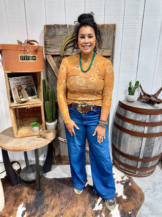 Retro Floral Mesh Top for Women | Western 70s Print Long Sleeve Cowgirl Layering Top - Barbwire n Bougie Boutique