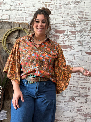 Retro Floral Western Pearl Snap Blouse with Cowgirl Flair – Bold Vintage - Barbwire n Bougie Boutique