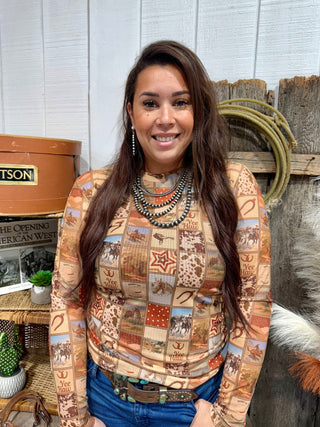 Retro Western Mesh Long Sleeve Top – Cowgirl Collage “Yee Haw” Print | Neutral Rodeo Graphic Layering Tee - Barbwire n Bougie Boutique
