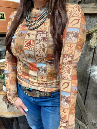 Retro Western Mesh Long Sleeve Top – Cowgirl Collage “Yee Haw” Print | Neutral Rodeo Graphic Layering Tee - Barbwire n Bougie Boutique