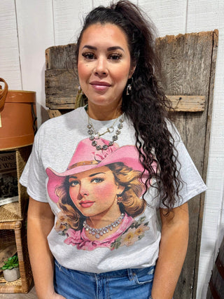 Rhinestone Cowgirl Graphic Tee | Pink Western Hat Vintage Cowgirl Shirt - Barbwire n Bougie Boutique