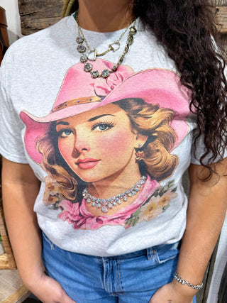Rhinestone Cowgirl Graphic Tee | Pink Western Hat Vintage Cowgirl Shirt - Barbwire n Bougie Boutique