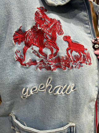 Ride ’Em Cowgirl Embroidered Stretch Denim Jacket - Barbwire n Bougie Boutique