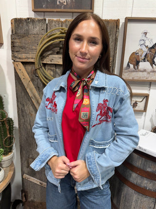 Ride ’Em Cowgirl Embroidered Stretch Denim Jacket - Barbwire n Bougie Boutique