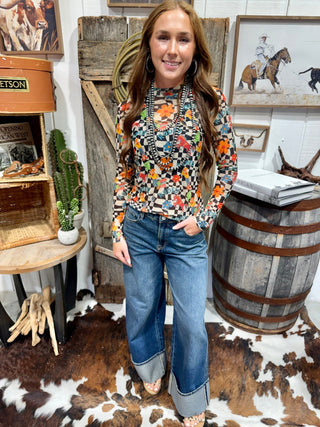 Rodeo Check Mesh Top | Western Checkerboard Long Sleeve Mesh Top - Barbwire n Bougie Boutique