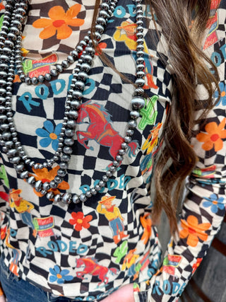 Rodeo Check Mesh Top | Western Checkerboard Long Sleeve Mesh Top - Barbwire n Bougie Boutique