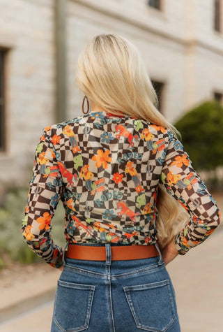 Rodeo Check Mesh Top | Western Checkerboard Long Sleeve Mesh Top - Barbwire n Bougie Boutique