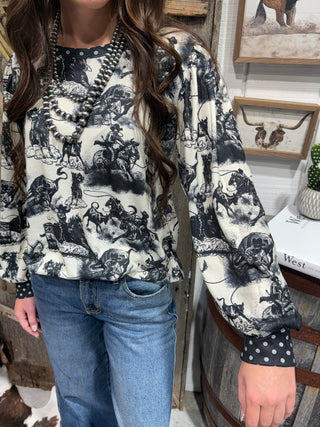Rodeo Dotty Vintage Western Print Top - Barbwire n Bougie Boutique