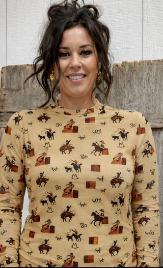 Rodeo Print and Cattle Brands Mesh Mock Neck Top – Sand - Barbwire n Bougie Boutique