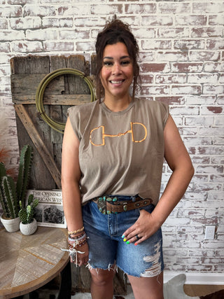 Rodeo Ready Snaffle Bit Muscle Tee With Foil Print - Taupe - Barbwire n Bougie Boutique
