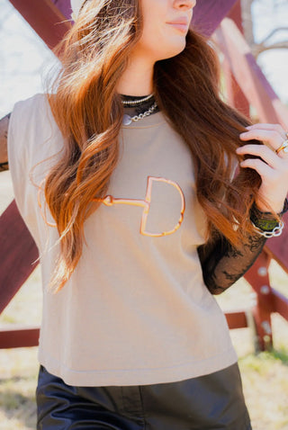 Rodeo Ready Snaffle Bit Muscle Tee With Foil Print - Taupe - Barbwire n Bougie Boutique