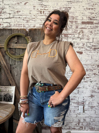 Rodeo Ready Snaffle Bit Muscle Tee With Foil Print - Taupe - Barbwire n Bougie Boutique