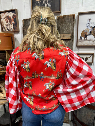 Rodeo Revival Button-Up Shirt – Western Cowboy Print Top with Buffalo Check Sleeves & Pearl Snaps - Barbwire n Bougie Boutique