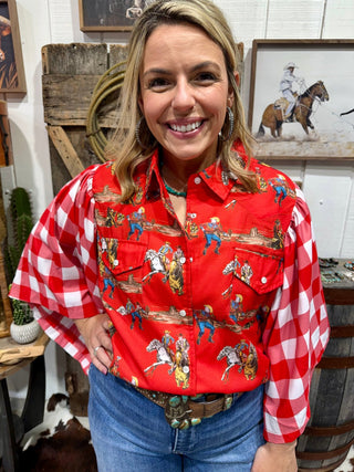 Rodeo Revival Button-Up Shirt – Western Cowboy Print Top with Buffalo Check Sleeves & Pearl Snaps - Barbwire n Bougie Boutique