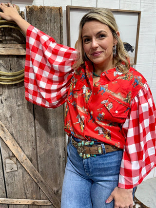 Rodeo Revival Button-Up Shirt – Western Cowboy Print Top with Buffalo Check Sleeves & Pearl Snaps - Barbwire n Bougie Boutique