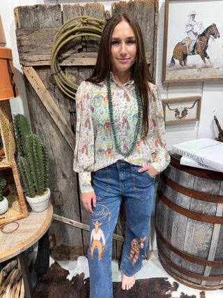 Rodeo Romance Roping Cowboy Western Print Button Down Top - Barbwire n Bougie Boutique