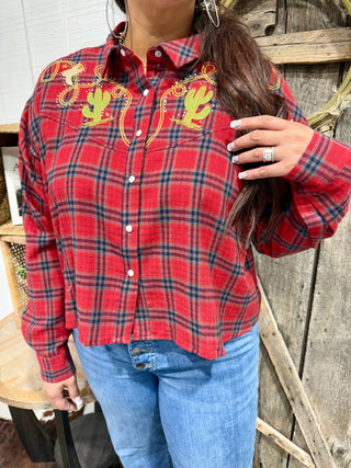 Rodeo Trails Embroidered Cropped Flannel Plaid Shirt – Red Western Button-Up with Cactus & Boot Design - Barbwire n Bougie Boutique