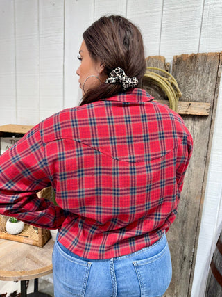 Rodeo Trails Embroidered Cropped Flannel Plaid Shirt – Red Western Button-Up with Cactus & Boot Design - Barbwire n Bougie Boutique