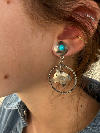 Rolanda Yazzie Turquoise Sterling Silver Horse Hoop Earrings – Native American Made - Barbwire n Bougie Boutique