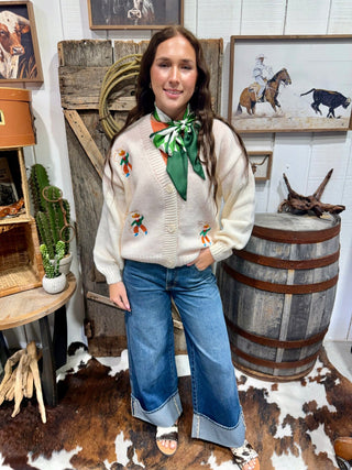 Roping Cowboy Embroidered Knit Cardigan | Western Button Front Sweater - Barbwire n Bougie Boutique