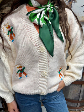 Roping Cowboy Embroidered Knit Cardigan | Western Button Front Sweater - Barbwire n Bougie Boutique