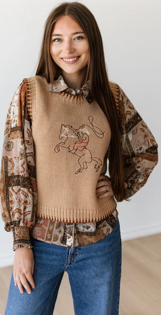 Roping Cowboy Embroidered Sweater Vest | Western Knit Vest - Barbwire n Bougie Boutique