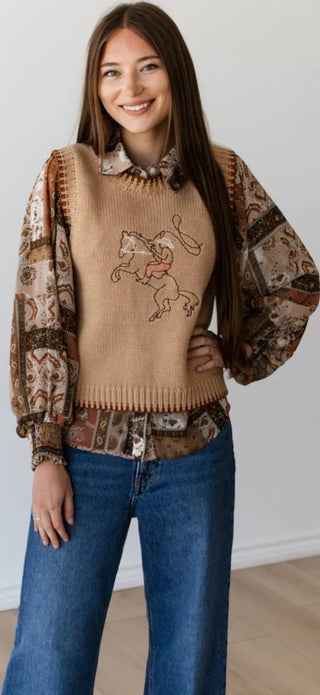 Roping Cowboy Embroidered Sweater Vest | Western Knit Vest - Barbwire n Bougie Boutique
