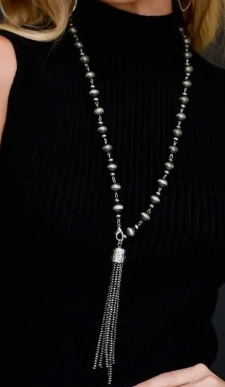 Rosary Style Faux Navajo Pearl Necklace with Western Tassel – Long Cowgirl Statement Necklace - Barbwire n Bougie Boutique