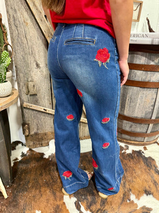 Rose Embroidered Wide Leg Jeans | Floral Western Denim for Women - Barbwire n Bougie Boutique