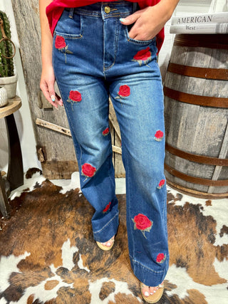 Rose Embroidered Wide Leg Jeans | Floral Western Denim for Women - Barbwire n Bougie Boutique