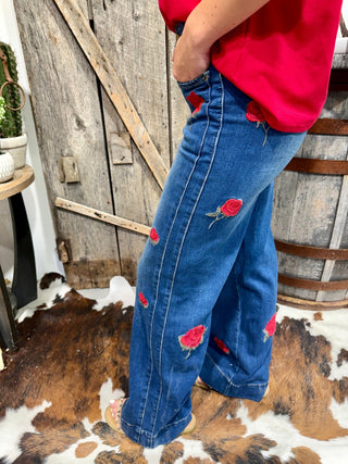 Rose Embroidered Wide Leg Jeans | Floral Western Denim for Women - Barbwire n Bougie Boutique