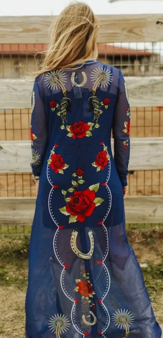 Royal Blue Western Mesh Duster – Sheer Horseshoe & Rose Print Long Duster Cardigan - Barbwire n Bougie Boutique