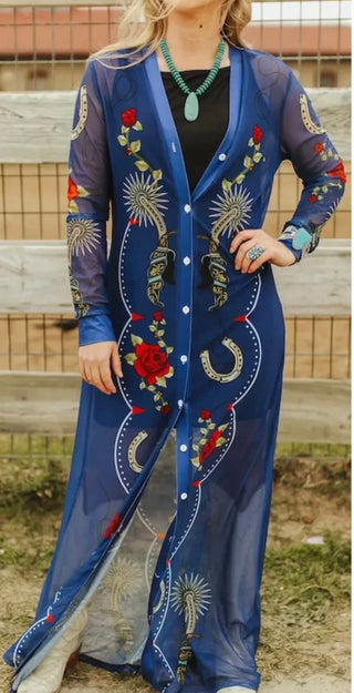 Royal Blue Western Mesh Duster – Sheer Horseshoe & Rose Print Long Duster Cardigan - Barbwire n Bougie Boutique