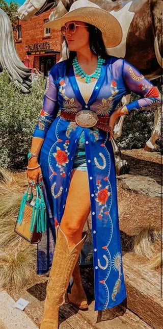 Royal Blue Western Mesh Duster – Sheer Horseshoe & Rose Print Long Duster Cardigan - Barbwire n Bougie Boutique