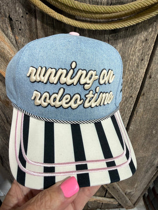 Running on Rodeo Time Western Trucker Hat | Vintage Denim & Striped Brim Cap - Barbwire n Bougie Boutique