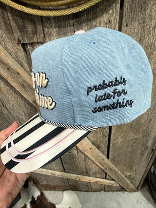 Running on Rodeo Time Western Trucker Hat | Vintage Denim & Striped Brim Cap - Barbwire n Bougie Boutique