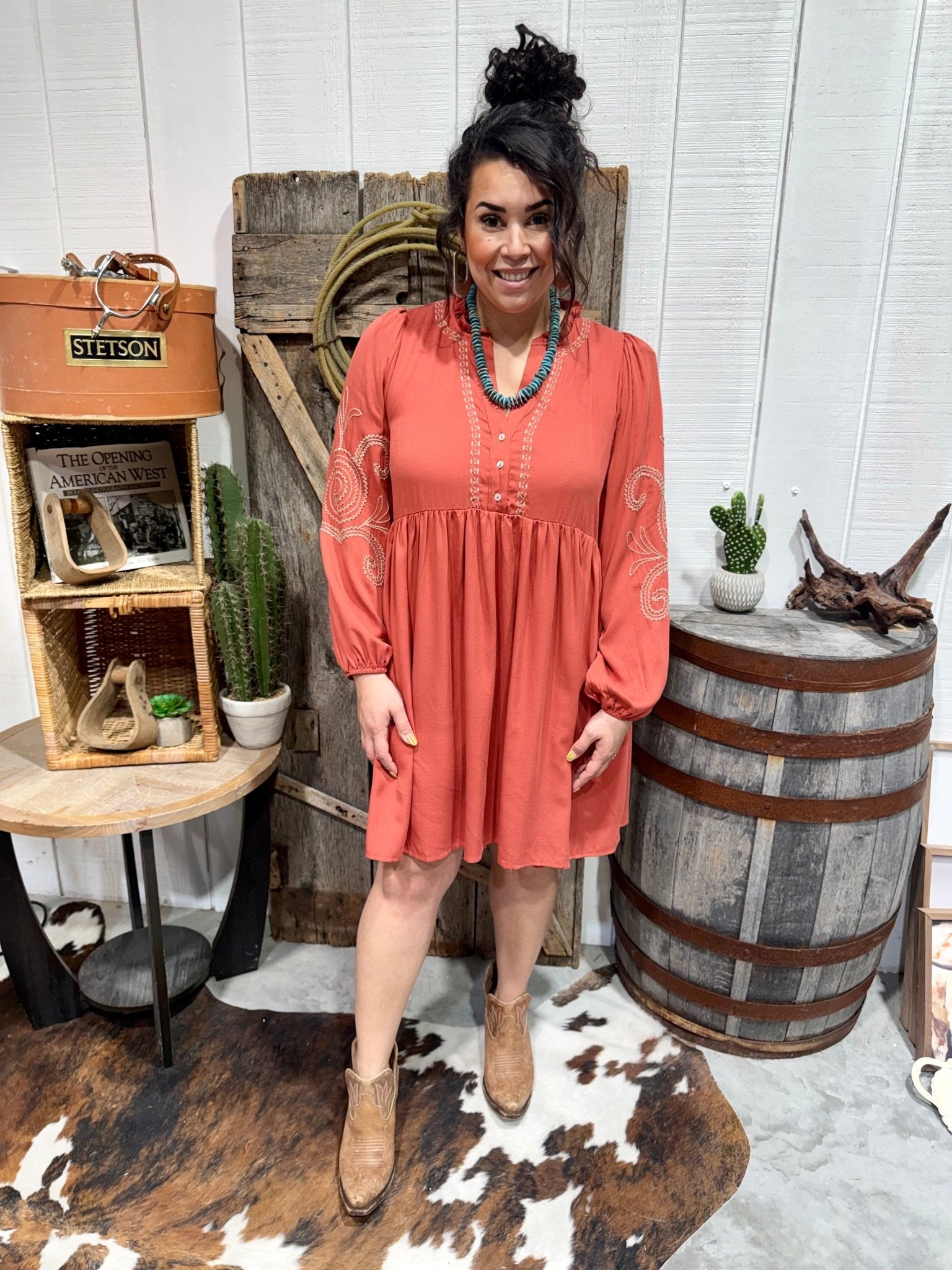 Rust Embroidered Western Babydoll Dress
