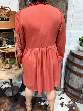 Rust Embroidered Western Babydoll Dress | Boho Cowgirl Long Sleeve Dress - Barbwire n Bougie Boutique