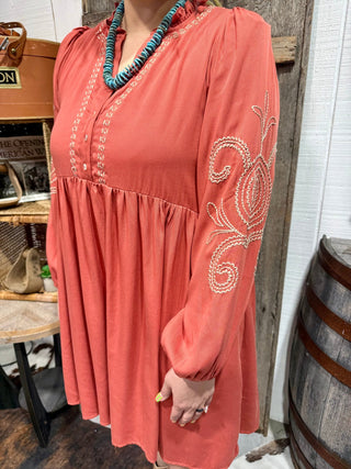 Rust Embroidered Western Babydoll Dress | Boho Cowgirl Long Sleeve Dress - Barbwire n Bougie Boutique