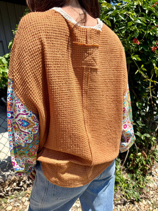 Rust Paisley Sleeve Waffle Knit Top for Women | Boho Western Long Sleeve Pullover - Barbwire n Bougie Boutique