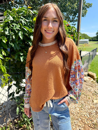 Rust Paisley Sleeve Waffle Knit Top for Women | Boho Western Long Sleeve Pullover - Barbwire n Bougie Boutique