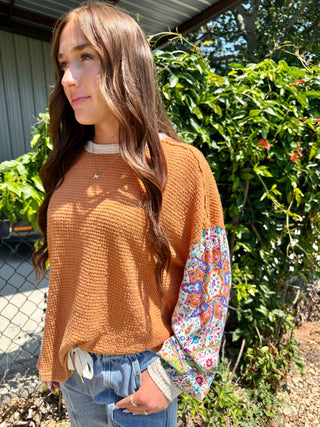 Rust Paisley Sleeve Waffle Knit Top for Women | Boho Western Long Sleeve Pullover - Barbwire n Bougie Boutique