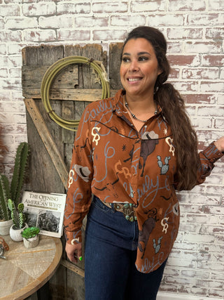 Rust Western Rodeo Print Button Up Shirt – Cowgirl Graphic Blouse - Barbwire n Bougie Boutique