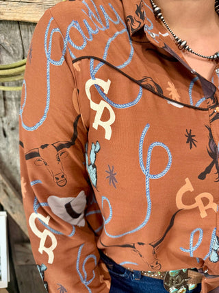 Rust Western Rodeo Print Button Up Shirt – Cowgirl Graphic Blouse - Barbwire n Bougie Boutique