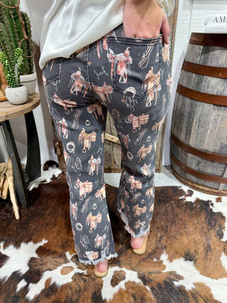 Saddle Room Western Print Jeans for Women | Stretch Denim Cropped Jeans - Barbwire n Bougie Boutique