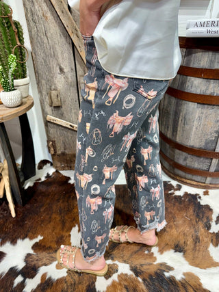 Saddle Room Western Print Jeans for Women | Stretch Denim Cropped Jeans - Barbwire n Bougie Boutique