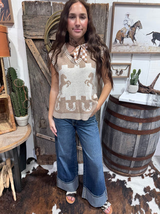 Saddle Up Western Horse & Horseshoe Sweater Vest- Tan - Barbwire n Bougie Boutique