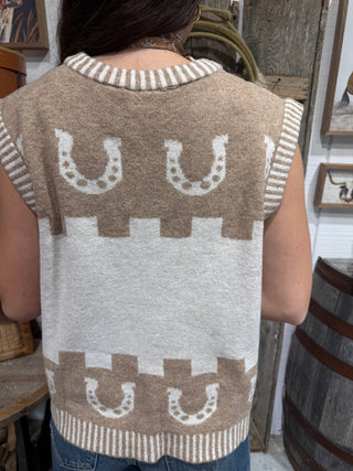 Saddle Up Western Horse & Horseshoe Sweater Vest- Tan - Barbwire n Bougie Boutique